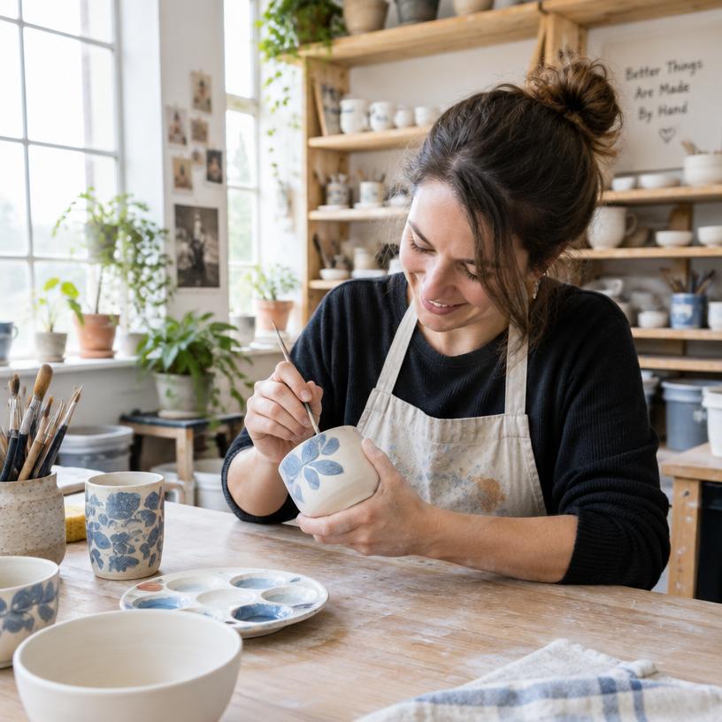 Painting ceramics in a studio